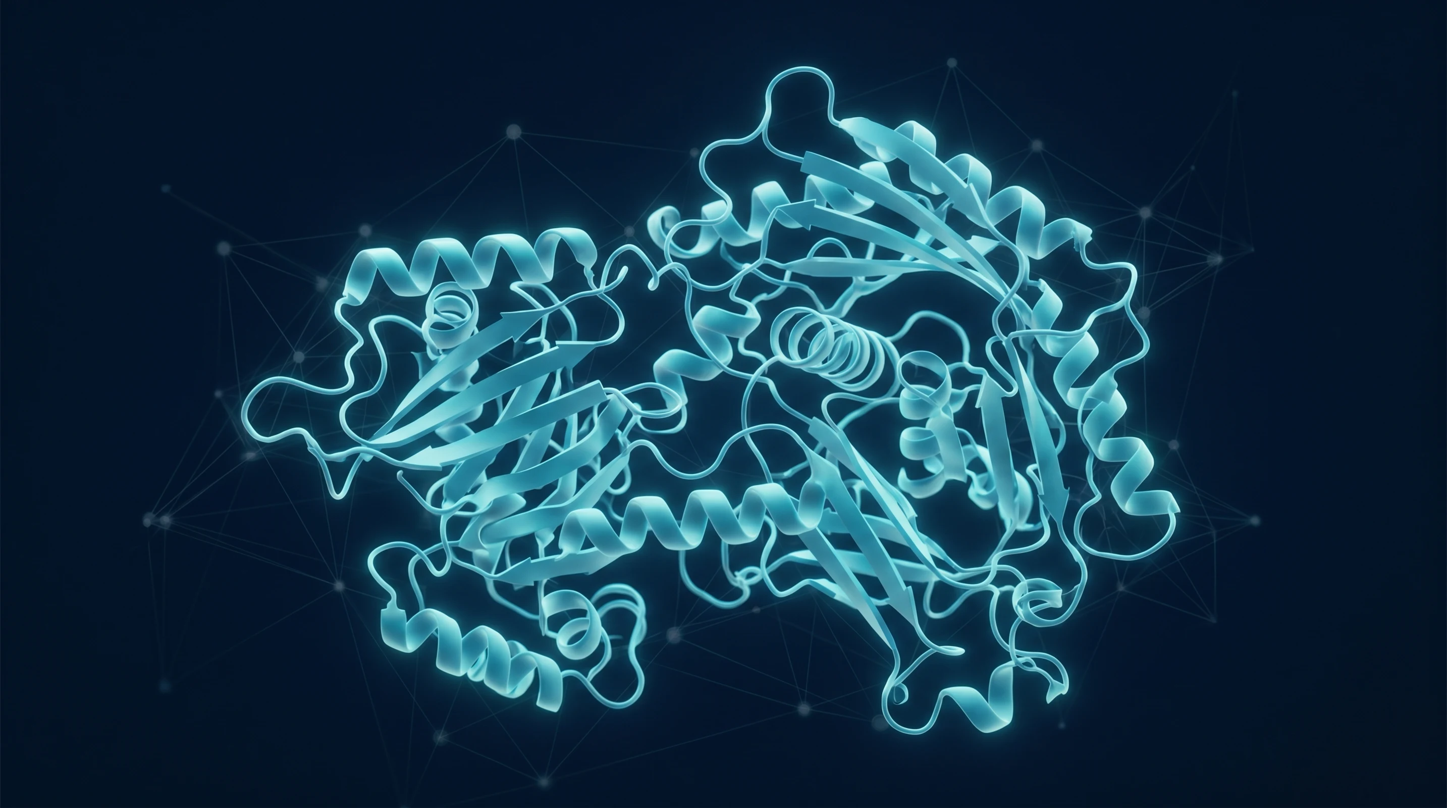 Abstract enzyme structure rendered in teal-blue ribbons against deep navy background