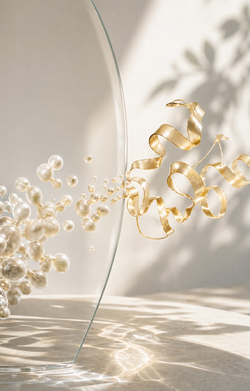 Pearl-like yeast forms transforming into a warm golden peptide ribbon in bright daylight.