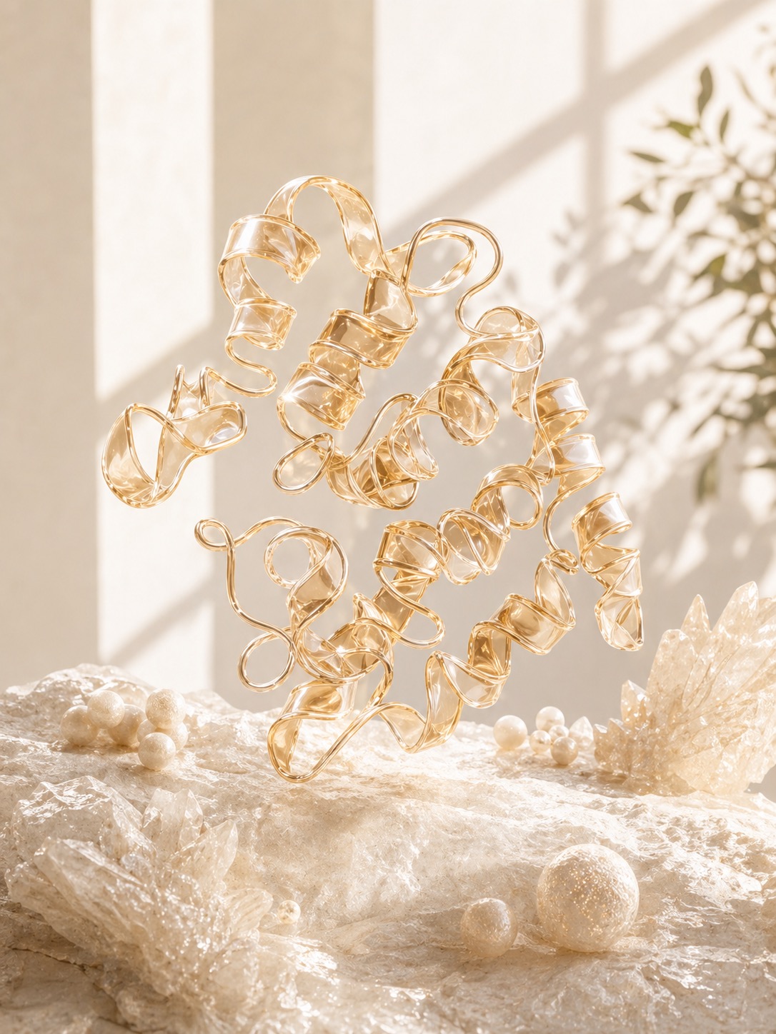 A translucent warm-gold peptide fold hovering above a dry mineral surface in bright daylight.