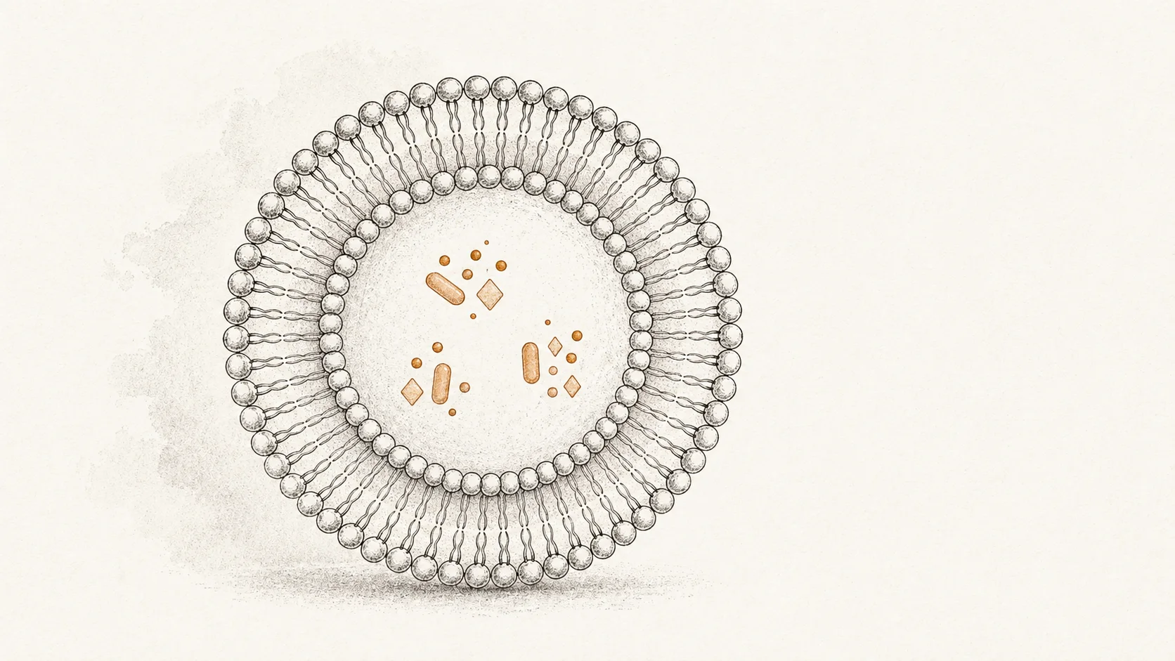 Editorial scientific cross-section of a liposome on a paper-cream ground, with deep-ink phospholipid bilayer linework and abstract amber payload icons in the lumen.