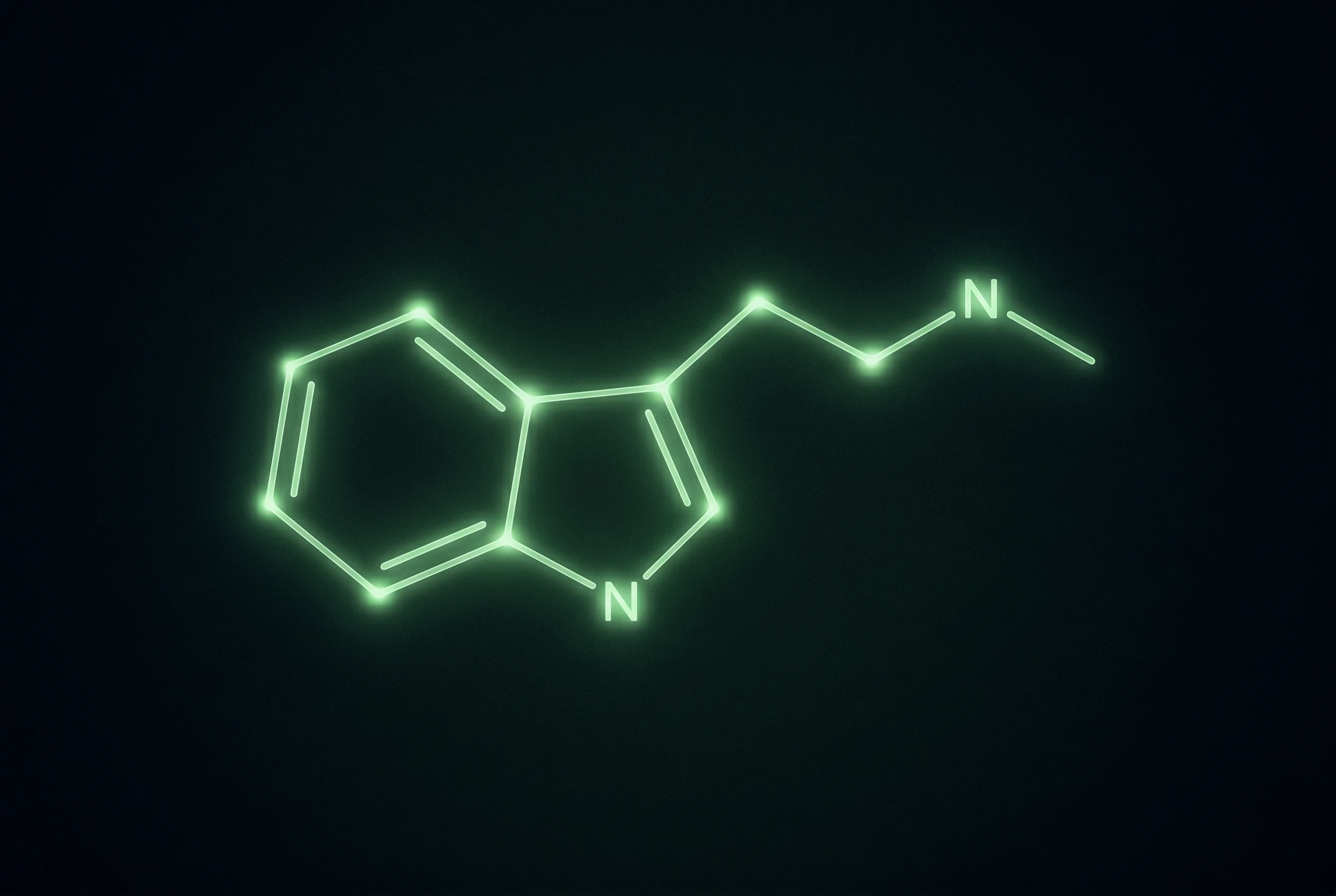 Tryptamine molecular structure in emerald-green glow