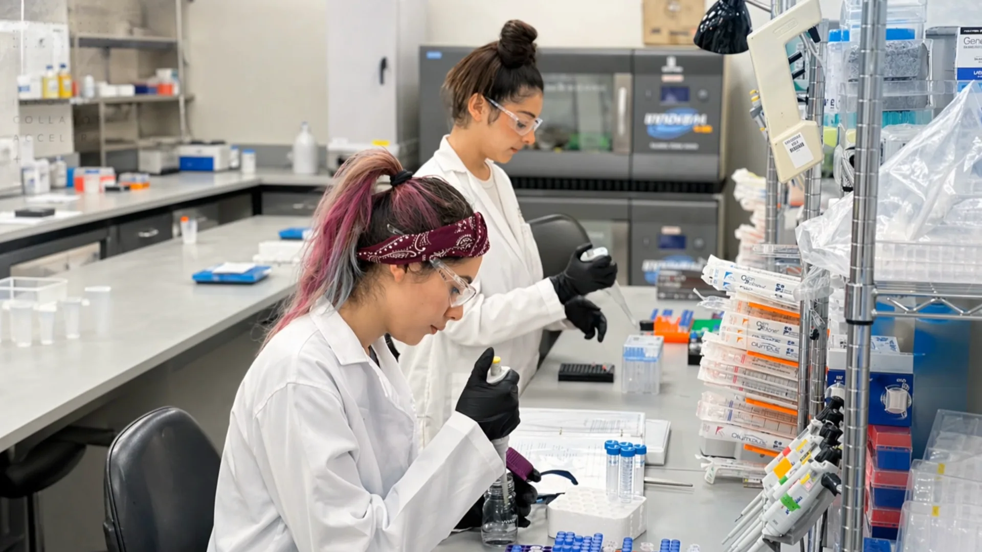 Two CBT scientists pipetting at the bench.