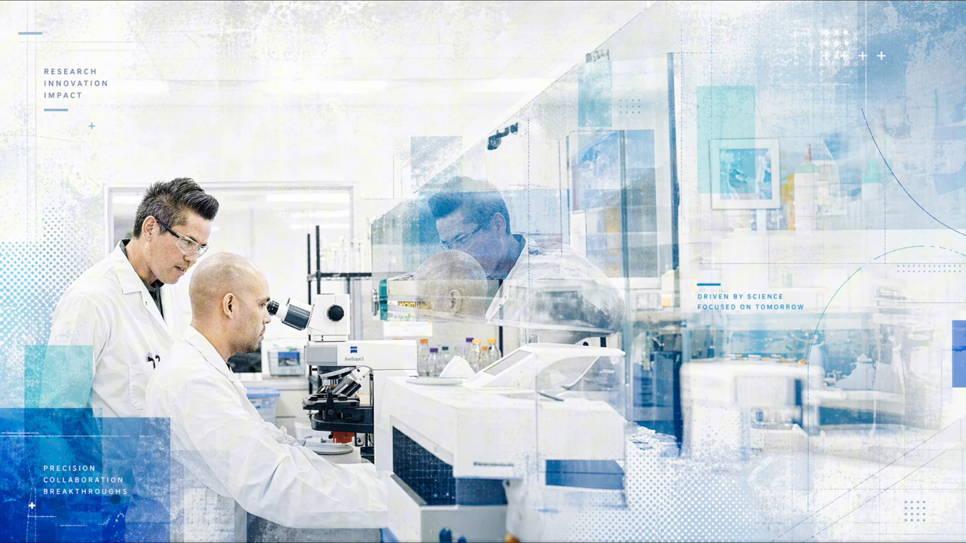 CBT research bench composite, scientists at the microscope.