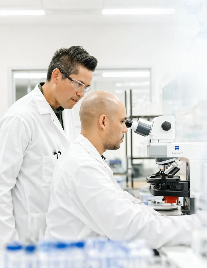 Two CBT scientists at a Zeiss Axiovert microscope at the Carlsbad, CA facility.