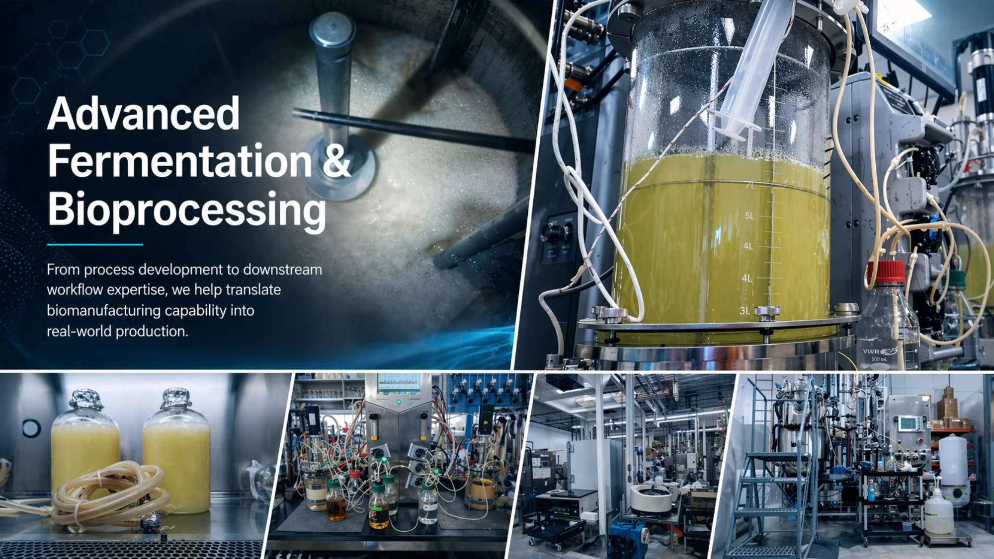 Advanced Fermentation and Bioprocessing. Fermentation tank, downstream equipment, and bioprocess infrastructure across CBT lab and pilot scale.